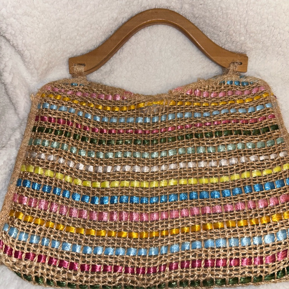 Handwoven Multicolor Straw Tote with Wooden Handles
